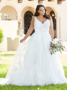 Floral Lace And Beaded A-Line Gown With Chapel Train In Ivory Almond Nude