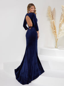Plunging V-Neck Sheath Halter Gown With Open Back In Navy