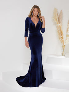Plunging V-Neck Sheath Halter Gown With Open Back In Navy