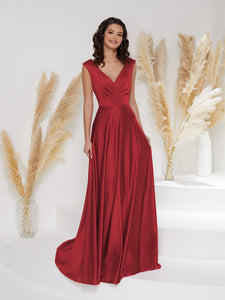 Pleated A-Line Gown With Sweep Train In Burgundy