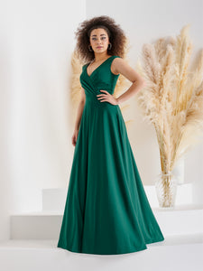 Pleated A-Line Gown With Sweep Train In Emerald