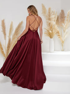 Cowl Neckline A-Line Gown With Lace-Up Back In Burgundy