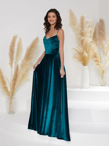 Cowl Neckline A-Line Gown With Lace-Up Back In Teal