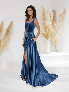 A-Line Gown With Detachable Matching Belt In Slate Blue