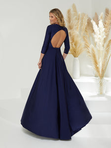 Plunging V-Neckline Sheath Gown With Open Back In Navy