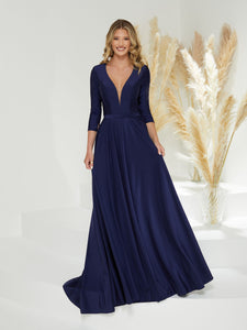 Plunging V-Neckline Sheath Gown With Open Back In Navy