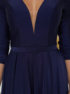 Plunging V-Neckline Sheath Gown With Open Back In Navy