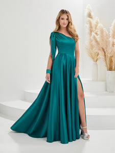 Asymmetrical Neckline Illusion A-Line Gown In Bright Teal