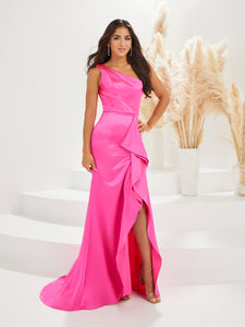 Asymmetrical Pleated Sheath Gown With Ruffle In Hot Pink